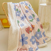 Cartoon Bear and Blue Flowers Warm Blanket